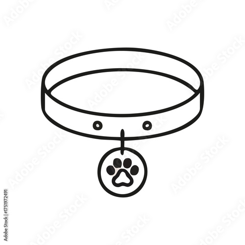 (Pet Collar with Paw Print Mark. Minimalist line art of an animal's neckband featuring a foot symbol. It embodies connection, care, safety, and ownership for beloved companions.)