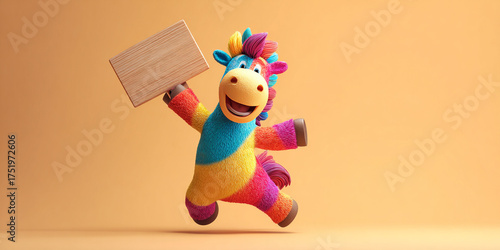 Colorful horse character joyfully lifting empty sign, showcasing vibrant colors and playful expression
