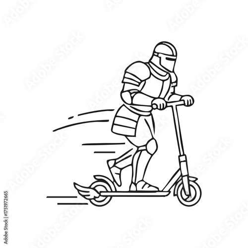 (Medieval Knight Modern Scooter. This imaginative artwork features an armored warrior swiftly navigating a contemporary vehicle, symbolizing unexpected progress and era fusion.)