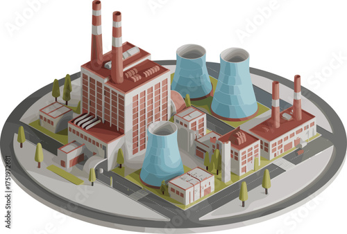 Isometric 3d illustration of large industrial power plant complex with cooling towers, chimneys, pipelines, and energy production infrastructure