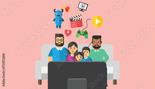Family Time Together Watching TV Entertainment at Home Vector Illustration