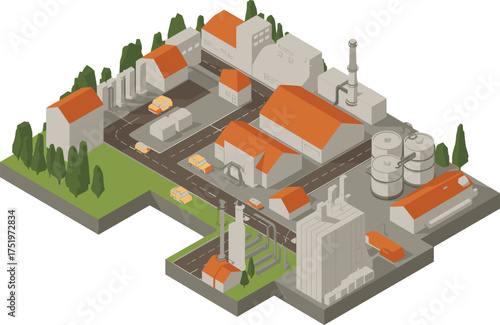 Isometric 3d illustration of large industrial power plant complex with cooling towers, chimneys, pipelines, and energy production infrastructure