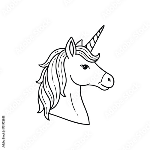 (Mythical Unicorn Head Illustration. A clean black outline drawing of a majestic equine fantasy, symbolizing dreams, wonder, and enchantment. Ideal for creative projects.)