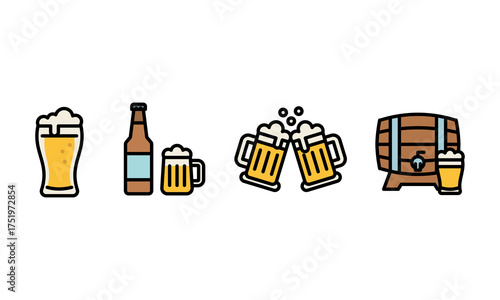 Collection of Beer Icons Mugs, Bottles, and Barrels