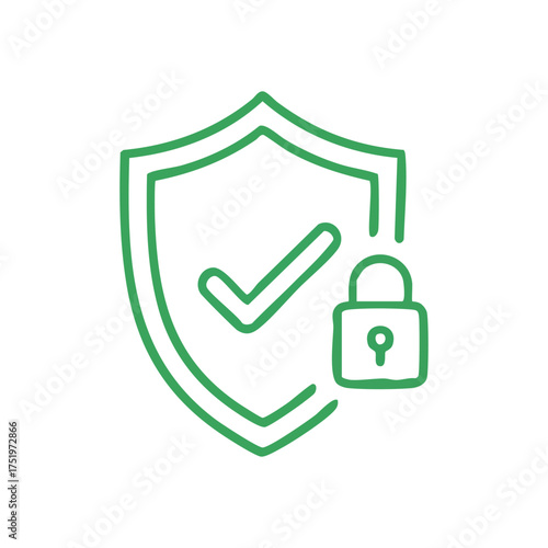 (Security Shield Verification Icon. A vibrant green shield, checkmark, and lock outline convey robust digital safeguarding. This graphic illustrates online safety, privacy assurance, and validated.)
