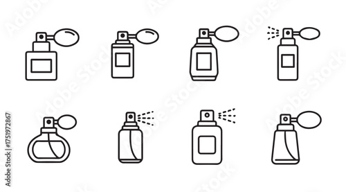 Collection of eight perfume bottle sprayer icons simple outline drawing for beauty and fragrance concepts vector