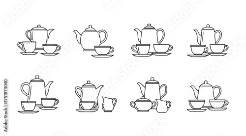 Collection of eight hand drawn teapots and cups displayed in a grid arrangement vector