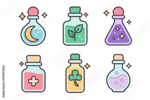 Colorful magical potion bottles collection with various symbols and corks