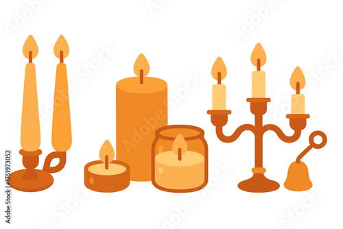 Set of burning candles including taper, pillar, tea light, jar candle, and candelabra
