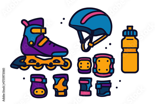 Vibrant rollerblading gear collection with inline skate safety helmet and protective pads