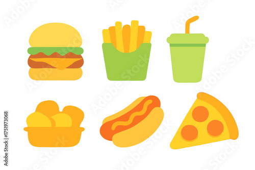 Popular fast food collection including burger, french fries, soda, hot dog, and pizza slice