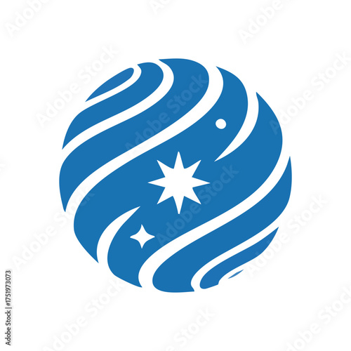 (Abstract Blue Planet with Stars. Vivid azure orb with sweeping curves and radiant celestial forms. This design evokes themes of cosmic journey, discovery, and limitless potential.)