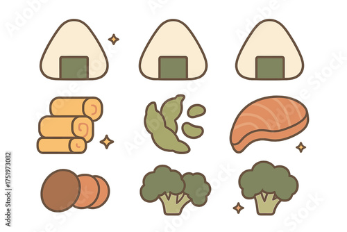 Japanese bento box ingredients set featuring onigiri rice balls, salmon, rolled omelet, and fresh vegetables