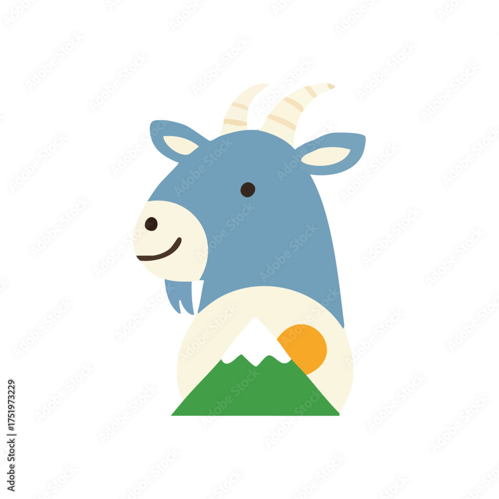 Fototapeta premium (Cute Blue Goat Mountain Sun Illustration. This charming animal artwork showcases a serene peak and radiant orb. Its joyful expression evokes wilderness tranquility and spirited exploration.)