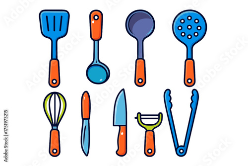 Collection of essential cooking tools and kitchenware icons in bright colors