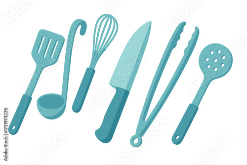 Essential kitchen utensils collection including spatula, ladle, whisk, knife, tongs, and slotted spoon