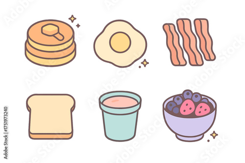 Pancakes, fried egg, crispy bacon, toast, and fresh fruit bowl breakfast set