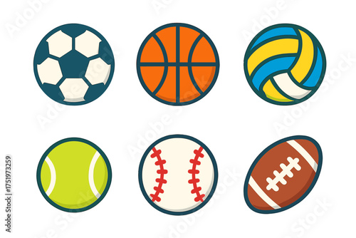 Collection of six popular athletic game balls for team and individual sports activities
