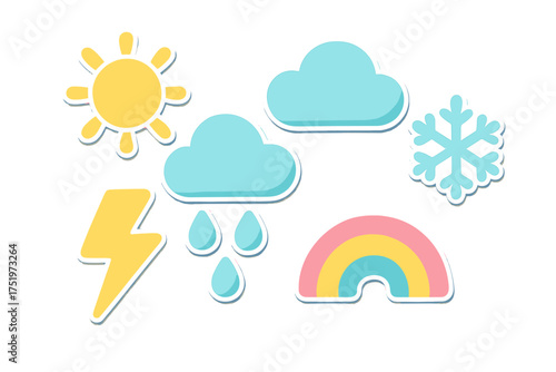 Cute set of weather icons including sun, cloud, rain, lightning, snowflake, and rainbow stickers