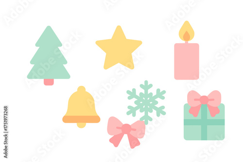 Minimalist pastel Christmas holiday icons set including tree star candle bell snowflake and gift box