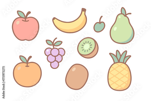 Collection of fresh fruits including apple banana kiwi pear and pineapple in pastel colors