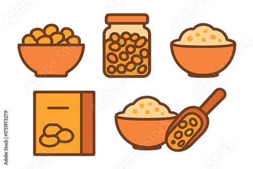 Assortment of staple foods including beans, legumes, grains, and measuring scoop