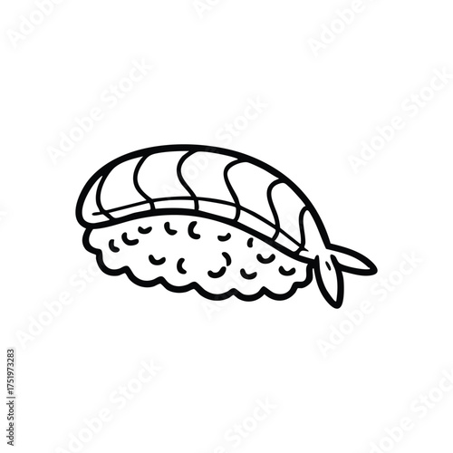 (Ebi Nigiri Sushi Cartoon Drawing. A delightful charming linear rendition of traditional Japanese shrimp nigiri, perfect for menus, food blogs, or playful designs.)