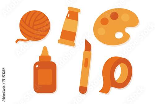 Flat design set of crafting tools and art supplies including yarn, glue, paint, and palette
