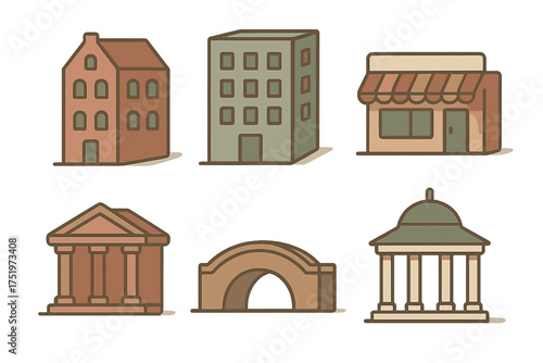 Six stylized architectural structures including residential buildings, shop, bank, bridge, and pavilion