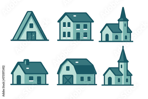 Set of simple architectural buildings including residential houses, a barn, and churches