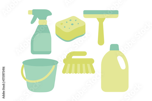 Essential household cleaning supplies set including spray bottle sponge bucket and detergent in pastel colors
