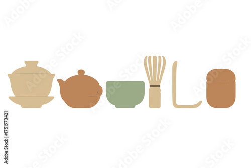 Minimalist set of traditional tea ceremony utensils and accessories in soft colors