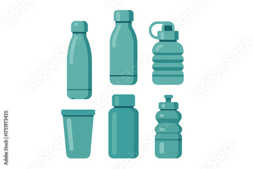 Collection of reusable water bottles and drinking containers in various shapes for hydration and sustainability