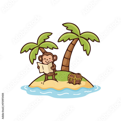 (Monkey Treasure Map Island Adventure. Happy primate studies a valuable chart on a remote tropical beach, accompanied by palm trees and a chest. It conveys discovery and successful journey.)