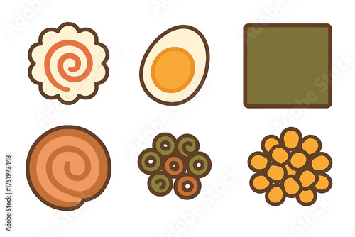 Traditional Japanese ramen toppings set including narutomaki fish cake boiled egg and nori seaweed