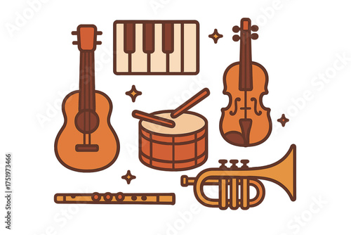 Retro style collection of musical instruments including guitar, piano, violin, drum, trumpet, and flute