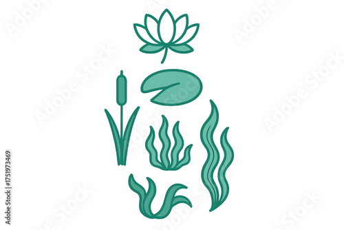 Pond and underwater aquatic plants set featuring lotus, lily pad, cattail, and algae