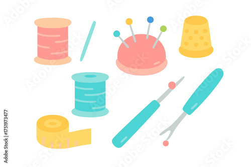 Colorful set of essential sewing supplies and tailoring equipment stickers