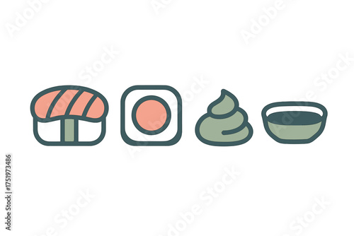 Minimalist outline style icons of Japanese sushi, maki, wasabi, and soy sauce