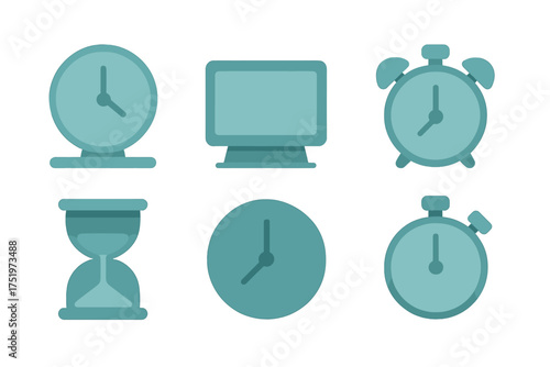 Set of time management symbols including clocks, stopwatch, hourglass, and schedule monitor