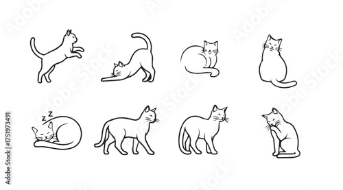 Collection of diverse hand-drawn cat silhouettes in various poses and activities vector