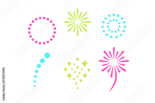 Abstract colorful graphic elements resembling festive firework explosions and celebratory bursts