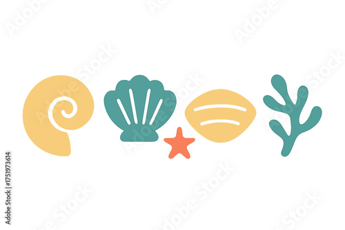Minimalist seashells starfish and seaweed set in soft pastel colors for summer