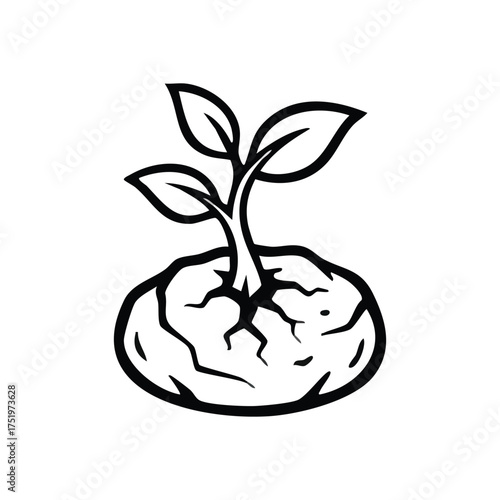 (New Life Plant Sprout Illustration. This graphic showcases a tender shoot ascending from cracked earth, embodying renewal, future progress, and ecological flourishing.)