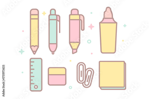 Cute collection of school and office supplies including pencil pen highlighter ruler and sticky notes