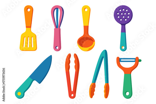 Colorful kitchenware set including spatula whisk ladle knife tongs and peeler