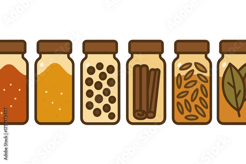 Collection of glass jars filled with assorted cooking spices and dried herbs on a white background