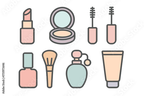 Pastel colored cosmetic products collection with makeup brush, lipstick, nail polish, perfume, and face cream