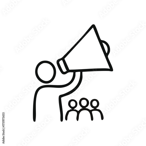 (Public Address and Leadership. An outline drawing depicts an individual conveying a message via a bullhorn to a crowd. Symbolizes effective communication, strong guidance, and community engagement.)