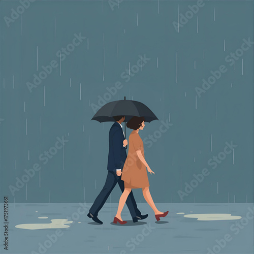 A couple walking together under a black umbrella on a rainy day, with puddles reflecting the overcast sky